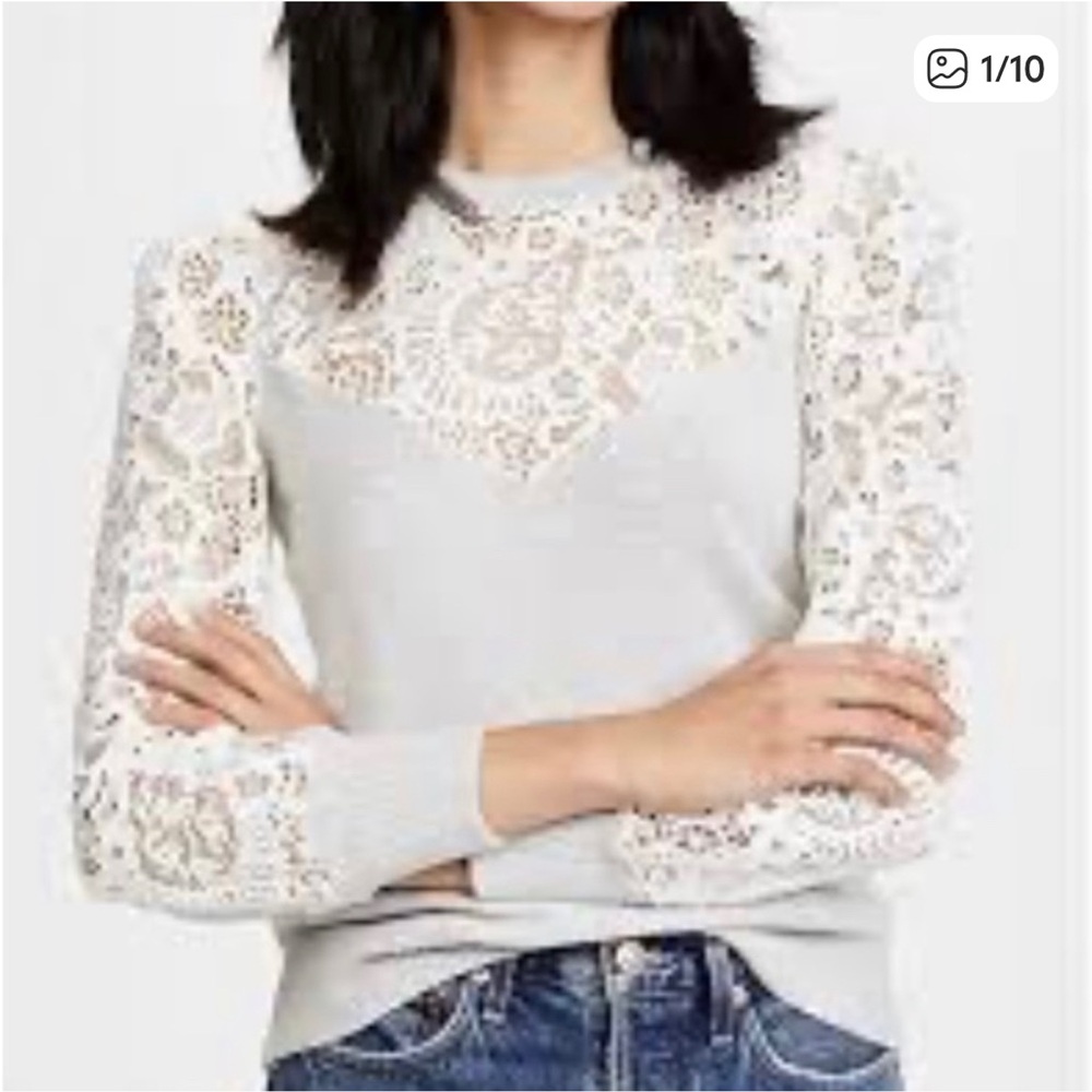 Rebecca Taylor Crewneck Merino Wool and Lace Sweater